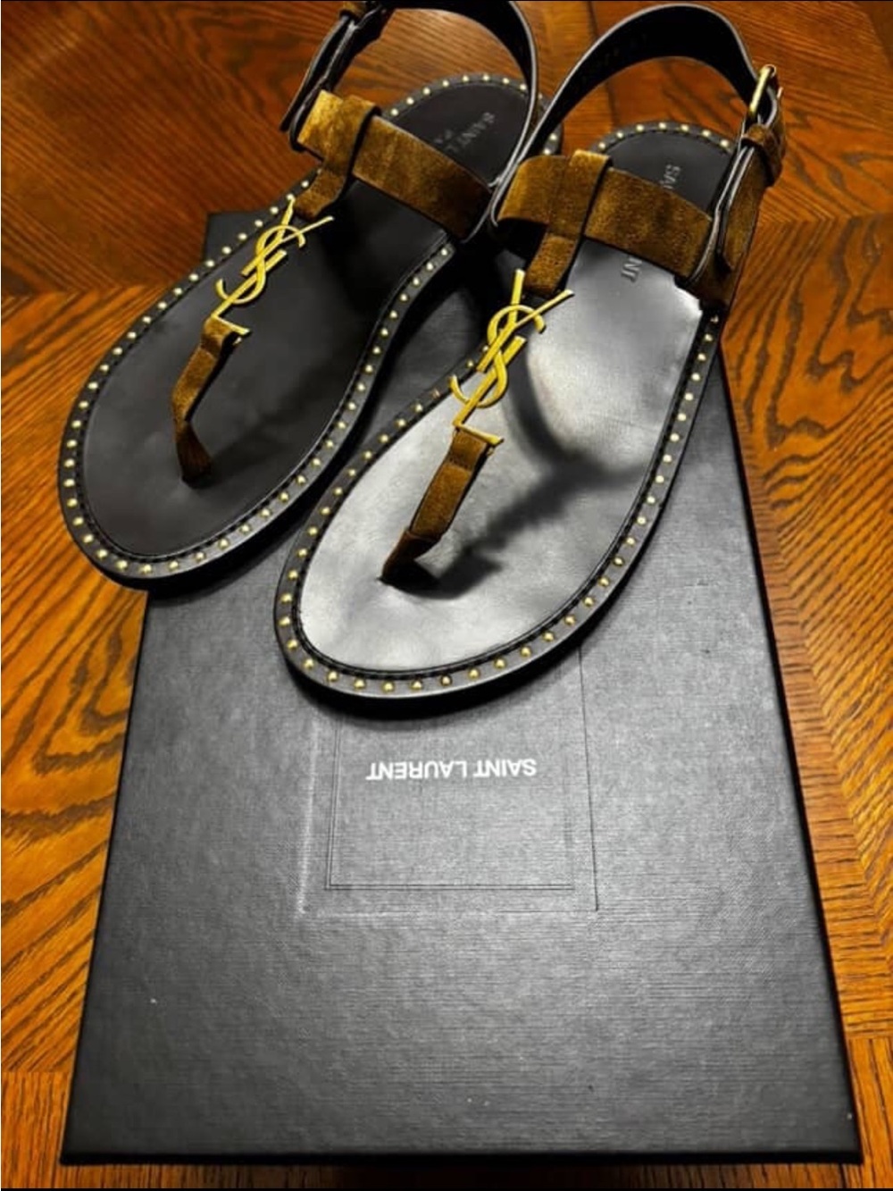 Saint Laurent Brown and Gold Suede Logo Thong Sandals - Picture 4 of 6